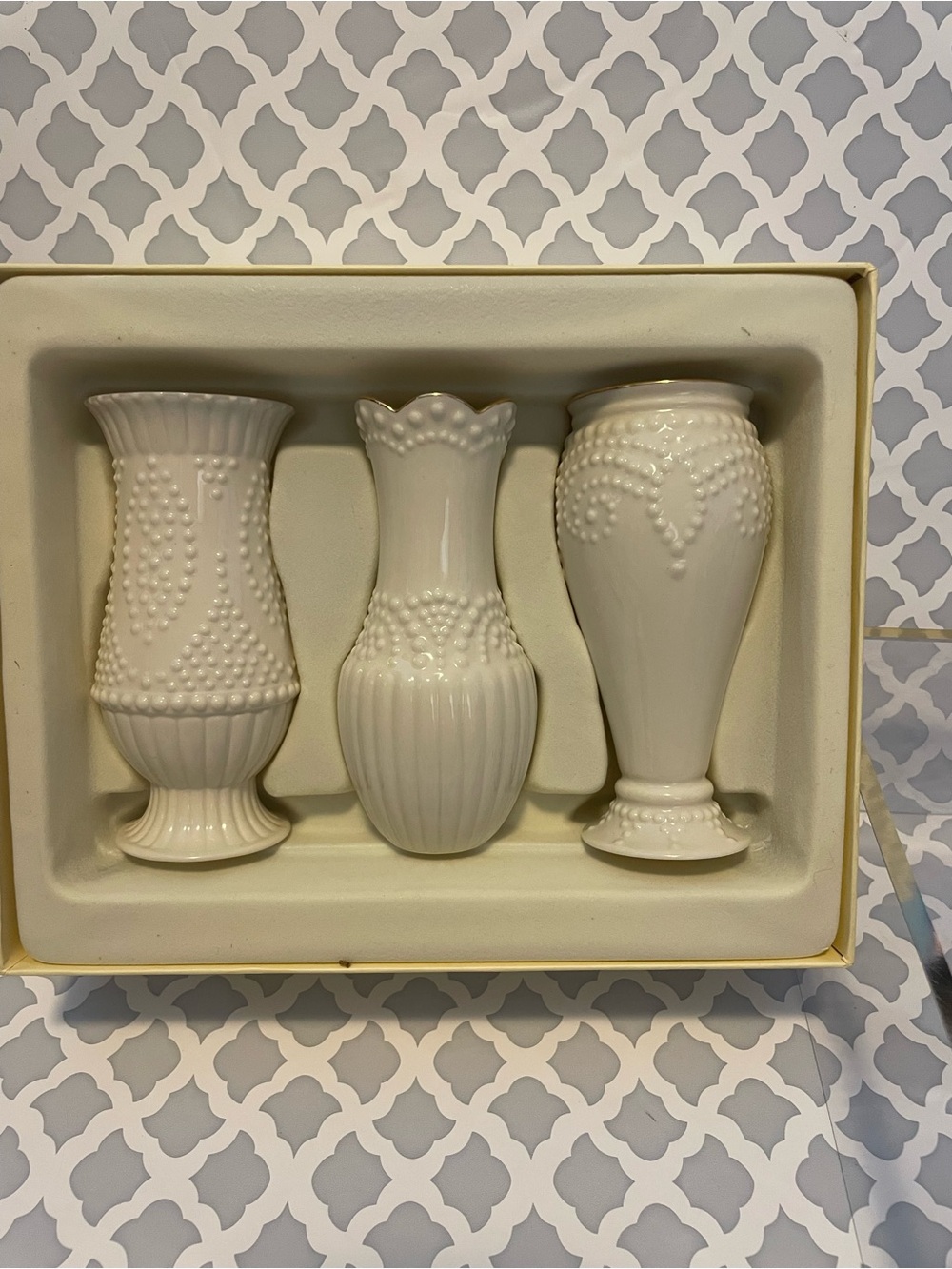 Lenox Trio of Cream Ceramic Bud Vases with Textured Dot and Rib Patterns